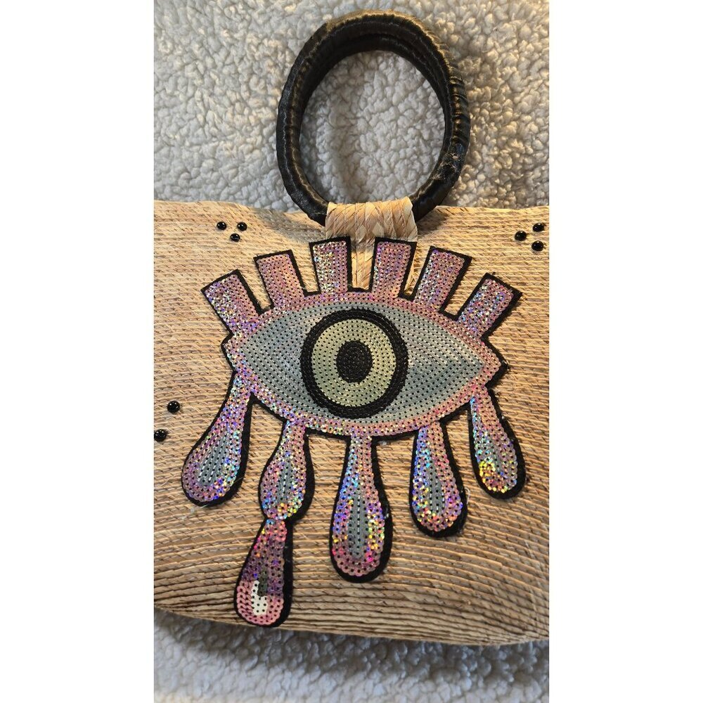 Vintage Handcrafted Straw "Evil Eye" Purple Sequin Beach Tote Purs - Picture 15 of 16
